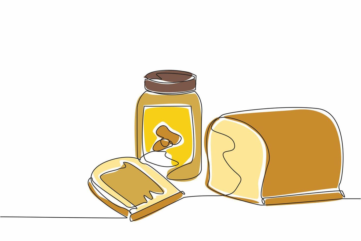 Continuous one line drawing jar of peanut butter and bread smeared with it. Healthy and delicious breakfast menu. Nutrition. National Peanut Butter Day. Single line draw design illustration vector