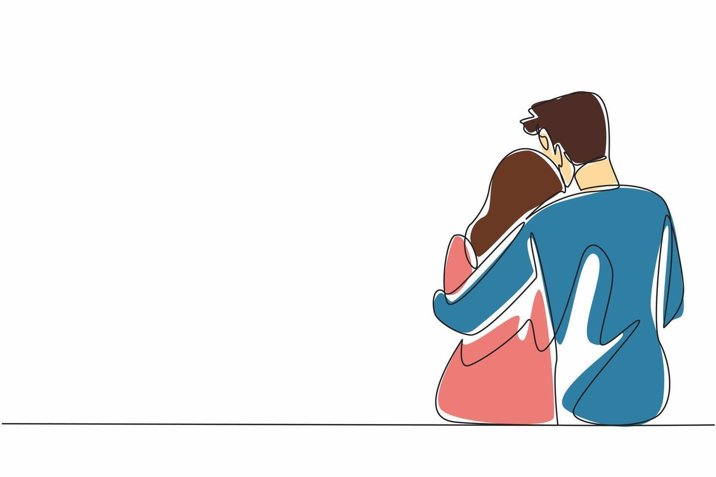 Single continuous line drawing husband hugs his wife who is sitting. Providing comfort to beloved women. Hugging to soothe. Giving warmth. Love. National Hug Day. One line design illustration vector