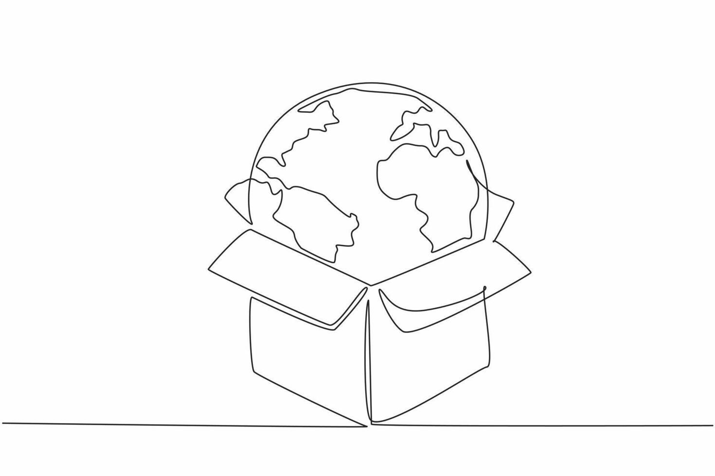 Single one line drawing globe put in box. Metaphor. Shopping online from abroad. Subject to import duties. Shipping. Delivery. International Customs Day. Continuous line design graphic illustration vector