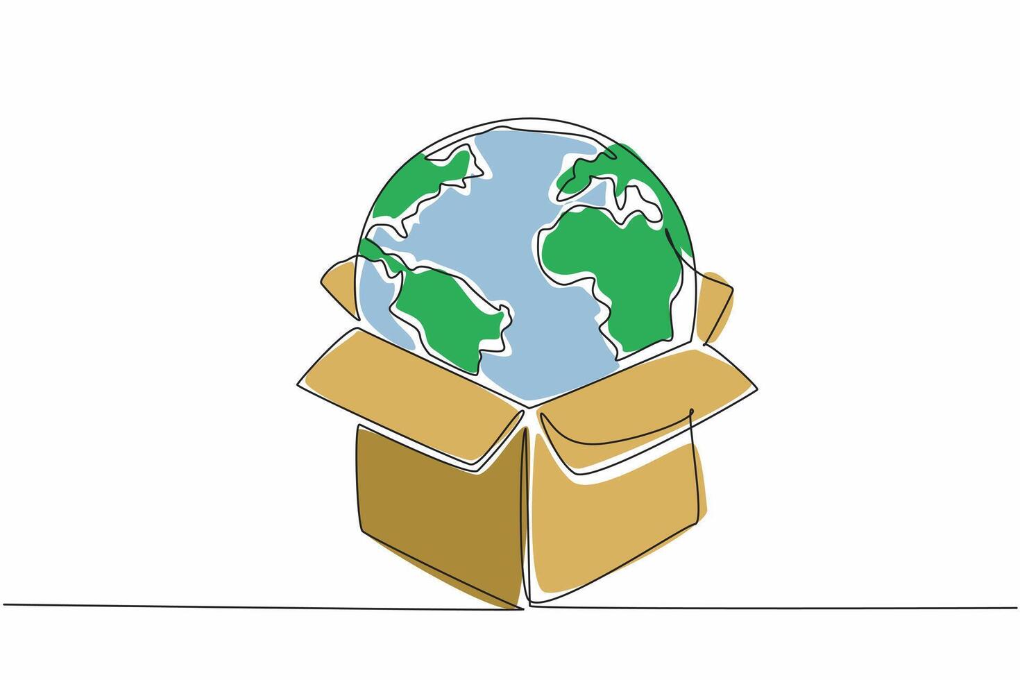 Single one line drawing globe put in box. Metaphor. Shopping online from abroad. Subject to import duties. Shipping. Delivery. International Customs Day. Continuous line design graphic illustration vector