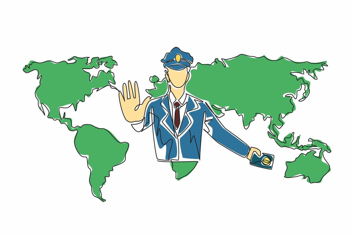 Continuous one line drawing the customs officer with world map background holding passport. Served at the immigration office. International Customs Day. Single line draw design illustration vector