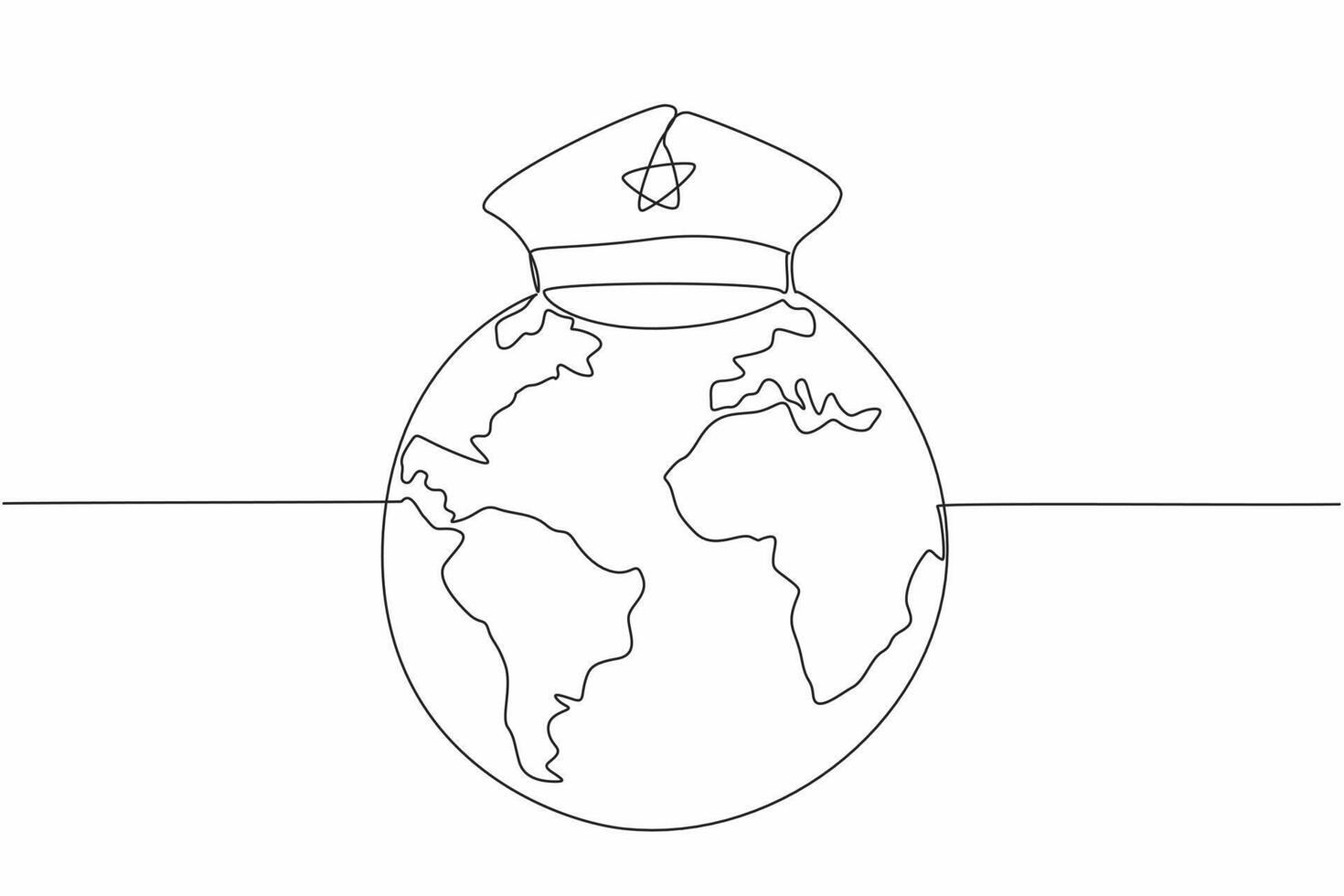 Continuous one line drawing police hat on globe. Guarding border. Monitoring taxable goods coming in and out. Income for country. International Customs Day. Single line draw design illustration vector