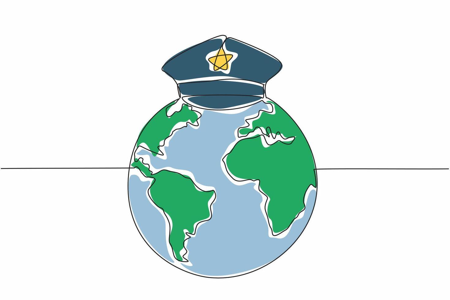 Continuous one line drawing police hat on globe. Guarding border. Monitoring taxable goods coming in and out. Income for country. International Customs Day. Single line draw design illustration vector