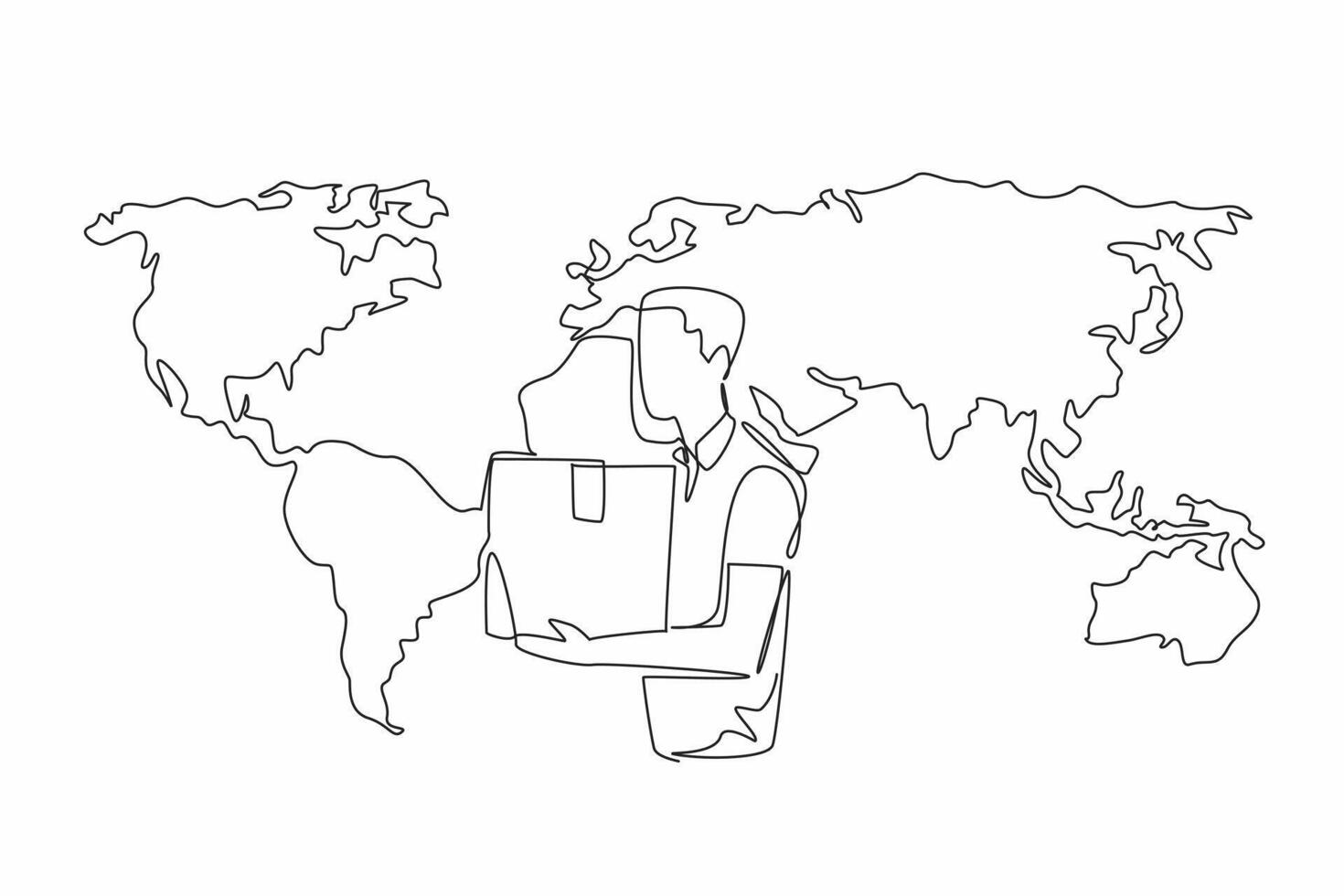 Single one line drawing man carrying package with world map background. Register at customs for good newly brought from abroad. International Customs Day. Continuous line design graphic illustration vector