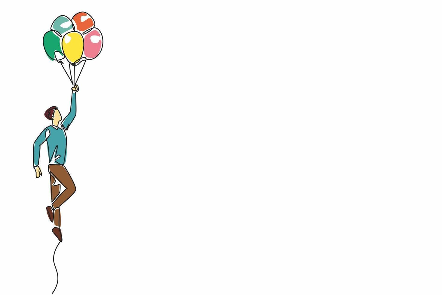 Single one line drawing the male worker standing holding lots of balloons. Celebration. Brilliance. Profitable projects abound. National Fun at Work Day. Continuous line design graphic illustration vector