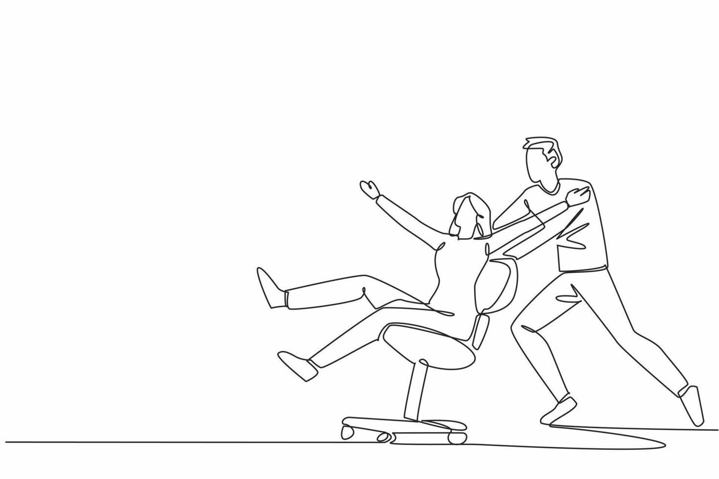 Single one line drawing male worker pushing female worker sitting on office chair. Forgetting about work. Joking with teammates. National Fun at Work Day. Continuous line design graphic illustration vector