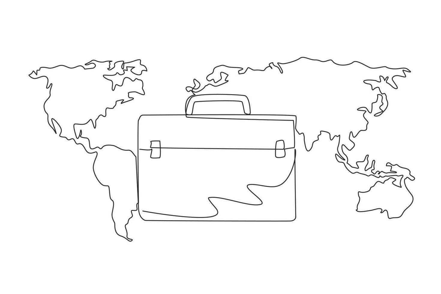 Single continuous line drawing briefcase with world map background. Business trip abroad. Conducting comparative study assignments. International Customs Day. One line design illustration vector