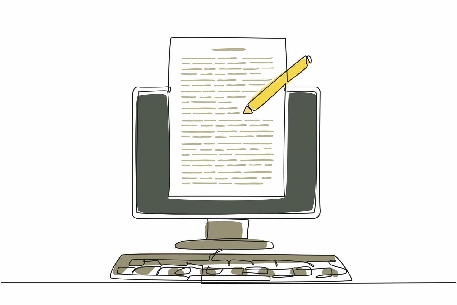 Continuous one line drawing paper, pencil and monitor keyboard. Computer monitors used for text editing. Complete each other. National Screenwriters Day. Single line draw design illustration vector