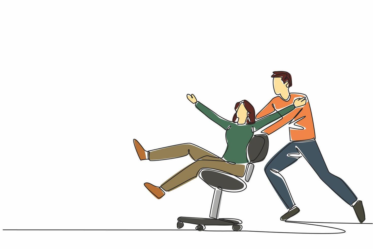 Single one line drawing male worker pushing female worker sitting on office chair. Forgetting about work. Joking with teammates. National Fun at Work Day. Continuous line design graphic illustration vector