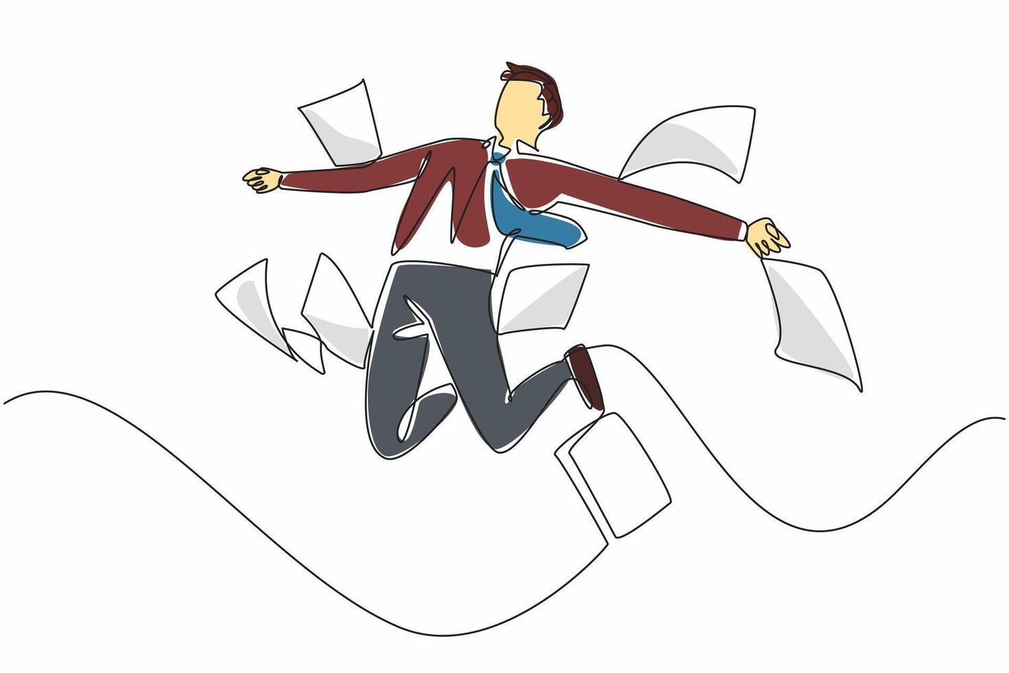 Single continuous line drawing male worker jumps accompanied by scattered paper. Amazing luck. Best marketer of the month. Feeling free. National Fun at Work Day. One line design illustration vector