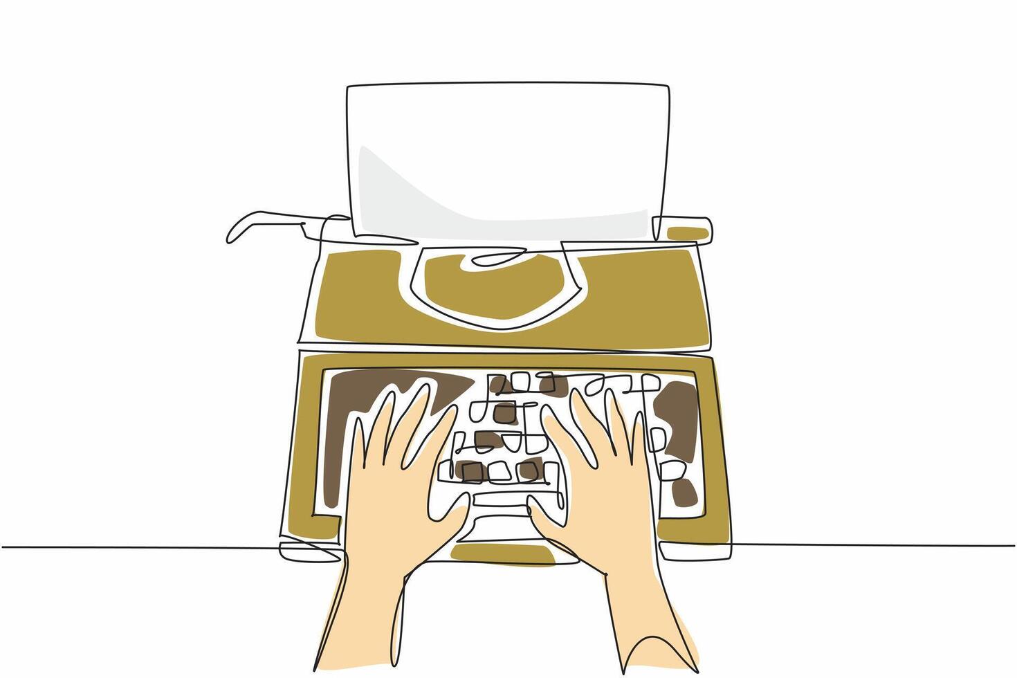 Single continuous line drawing hands typing on a typewriter. Making a movie script. Making a scenario. Making an interesting storyline. National Screenwriters Day. One line design illustration vector