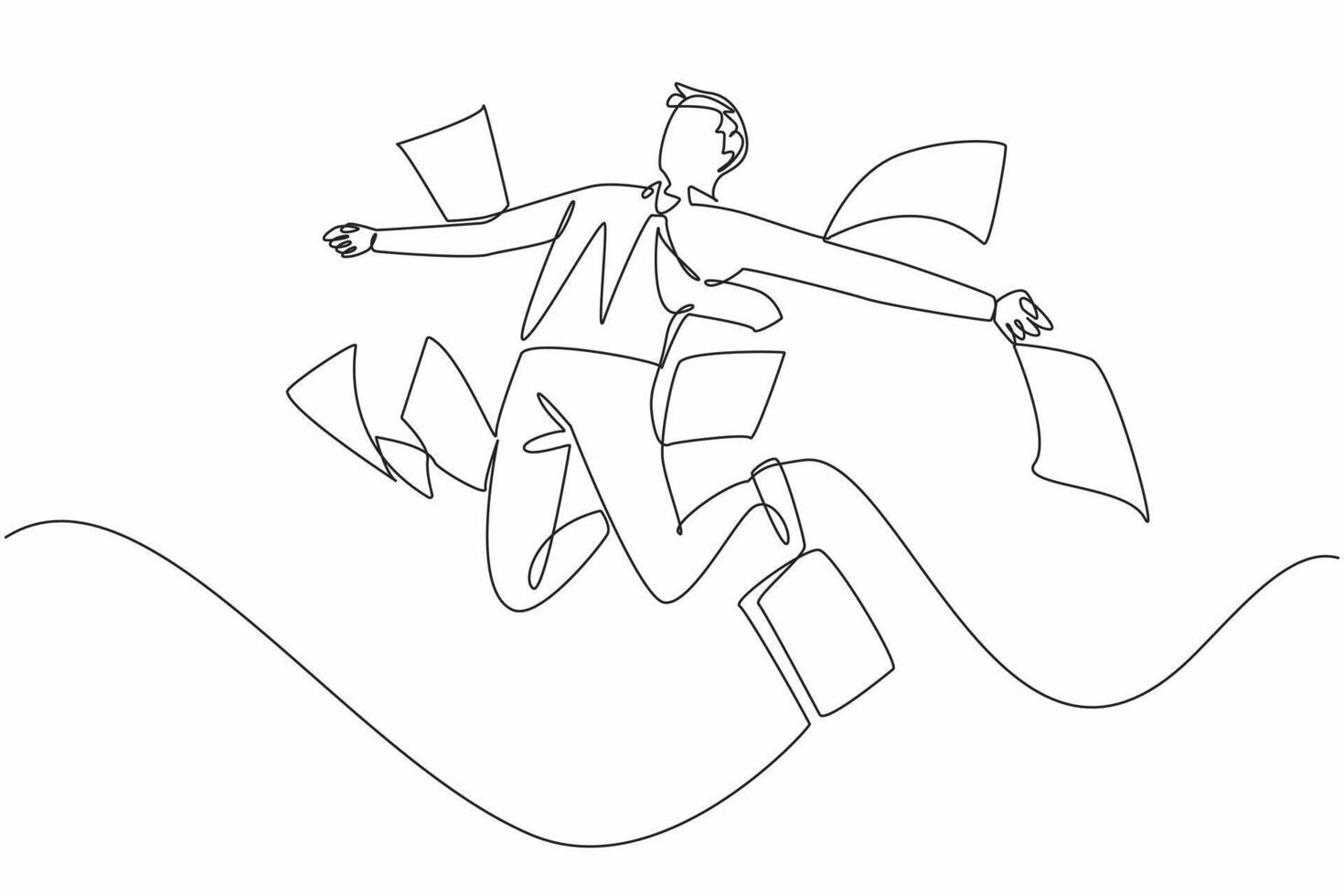 Single continuous line drawing male worker jumps accompanied by scattered paper. Amazing luck. Best marketer of the month. Feeling free. National Fun at Work Day. One line design illustration vector