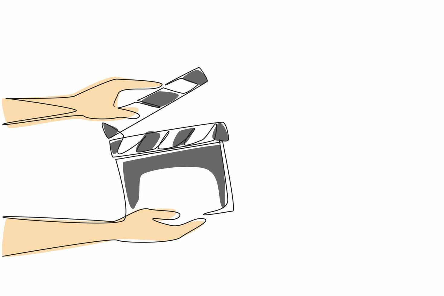 Single one line drawing the hand is holding an open clapper. Filmmaking process. Useful tool for film editors. Synchronization. National Screenwriters Day. Continuous line design graphic illustration vector