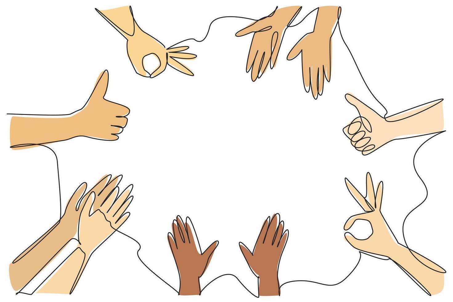 Single one line drawing several hands with several kinds of gestures. Get recognition and praise. Surrounded by positive aura. National Screenwriters Day. Continuous line design graphic illustration vector