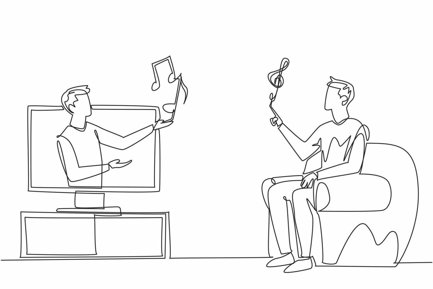 Continuous one line drawing man comes out of tv monitor holding some tone symbols. A symbol of hope and compassion. Encourager. World Music Therapy Day. Single line draw design illustration vector