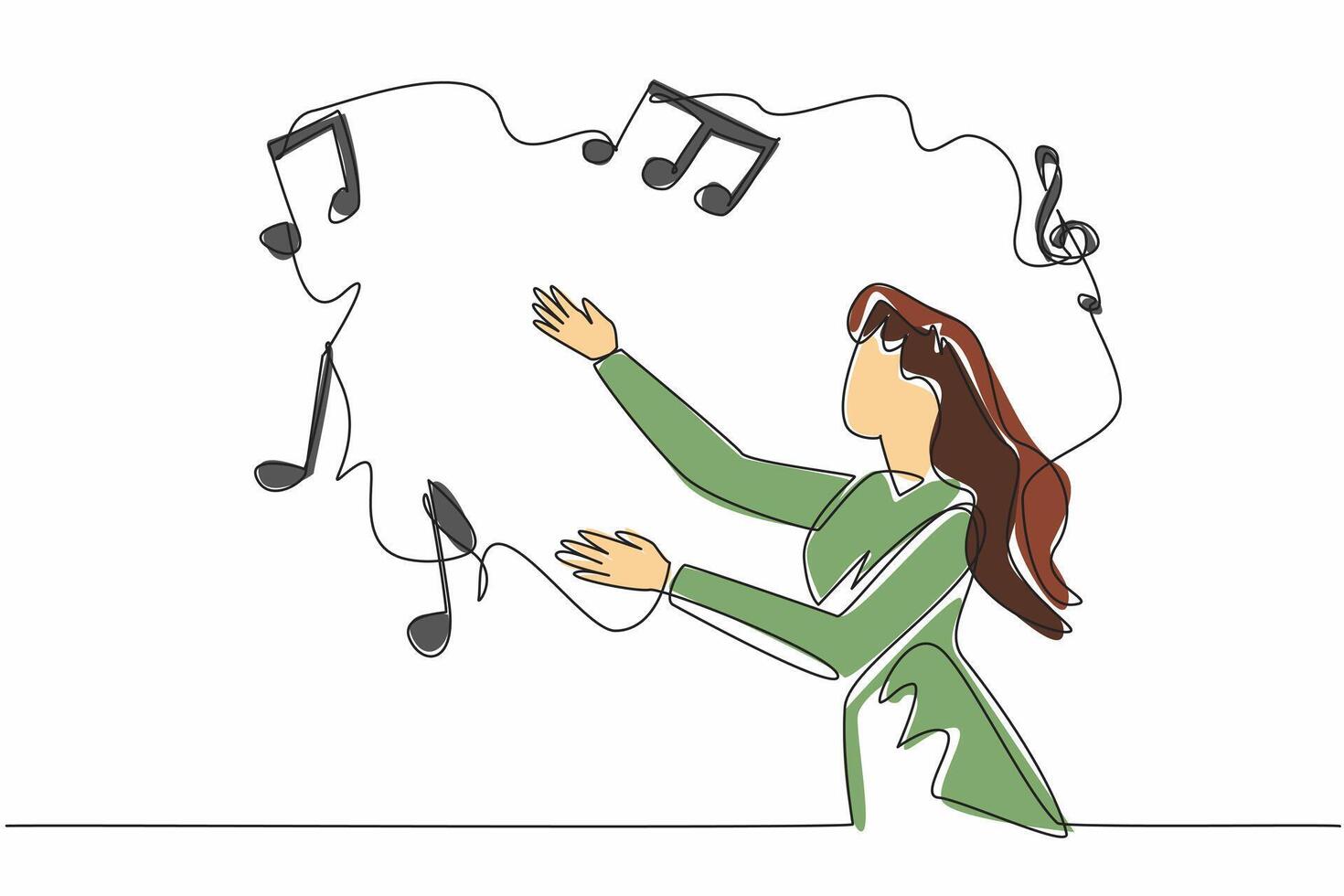 Single continuous line drawing woman reaching for some musical symbols. Various aspects of personality coming in harmonious expression. World Music Therapy Day. One line design illustration vector