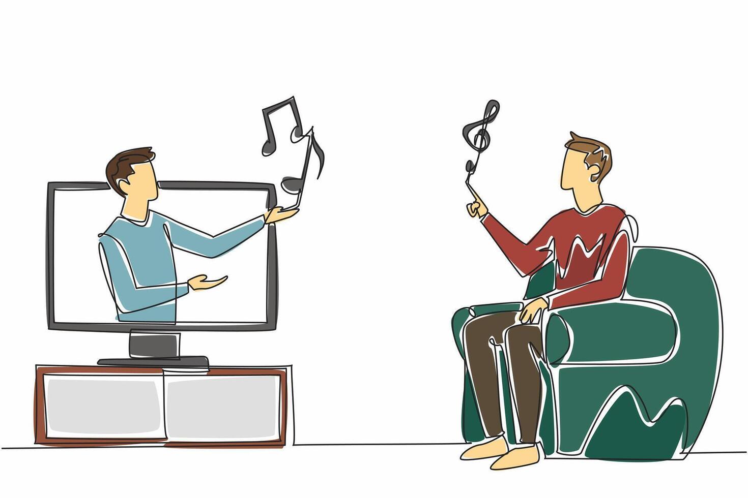 Continuous one line drawing man comes out of tv monitor holding some tone symbols. A symbol of hope and compassion. Encourager. World Music Therapy Day. Single line draw design illustration vector