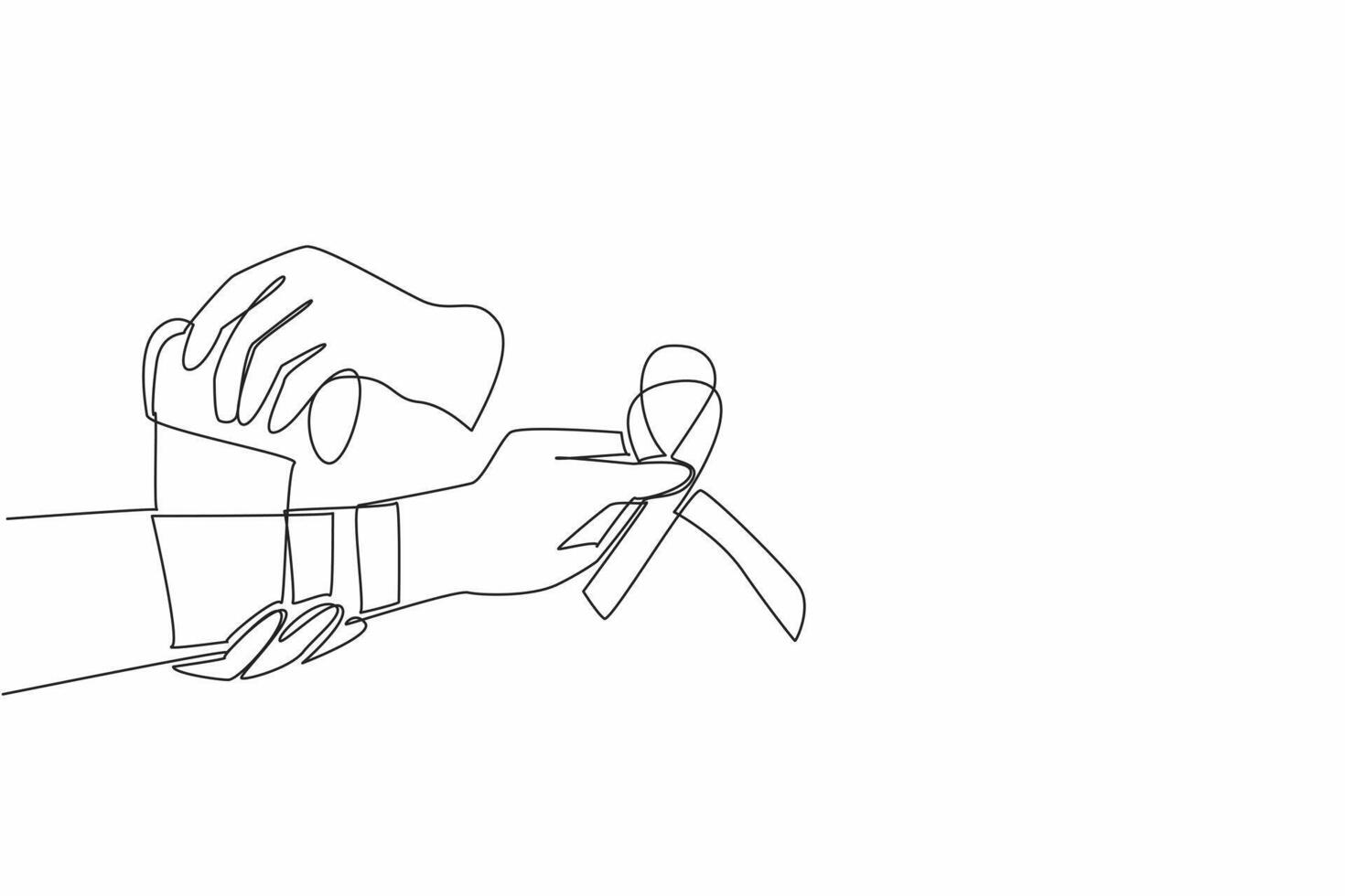 Continuous one line drawing two arms are bandaging wound of other injured arm with bandage. Providing assistance to patients. Self-Injury Awareness Day. Single line draw design illustration vector