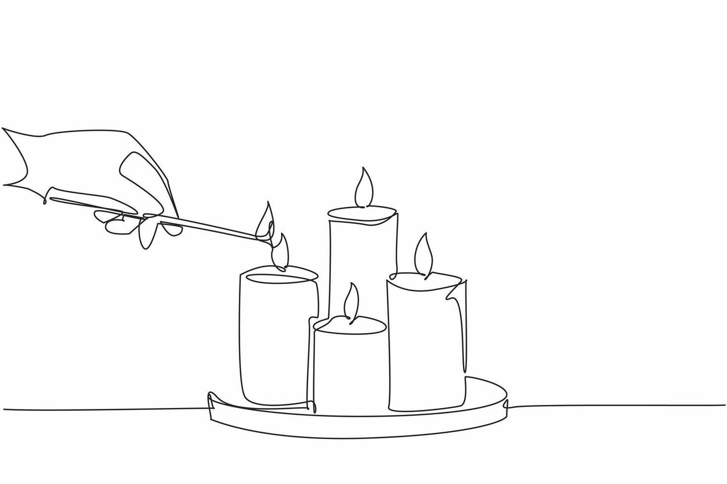 Single continuous line drawing hand hold a match, lighting a group of candles arranged on a tray. Bringing light into the world. Soothing light. World Candle Day. One line design illustration vector