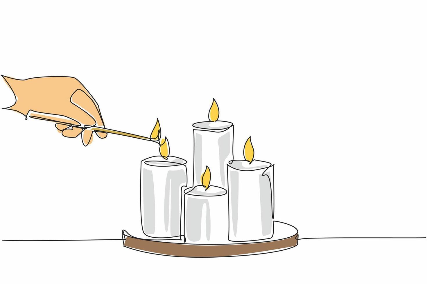 Single continuous line drawing hand hold a match, lighting a group of candles arranged on a tray. Bringing light into the world. Soothing light. World Candle Day. One line design illustration vector