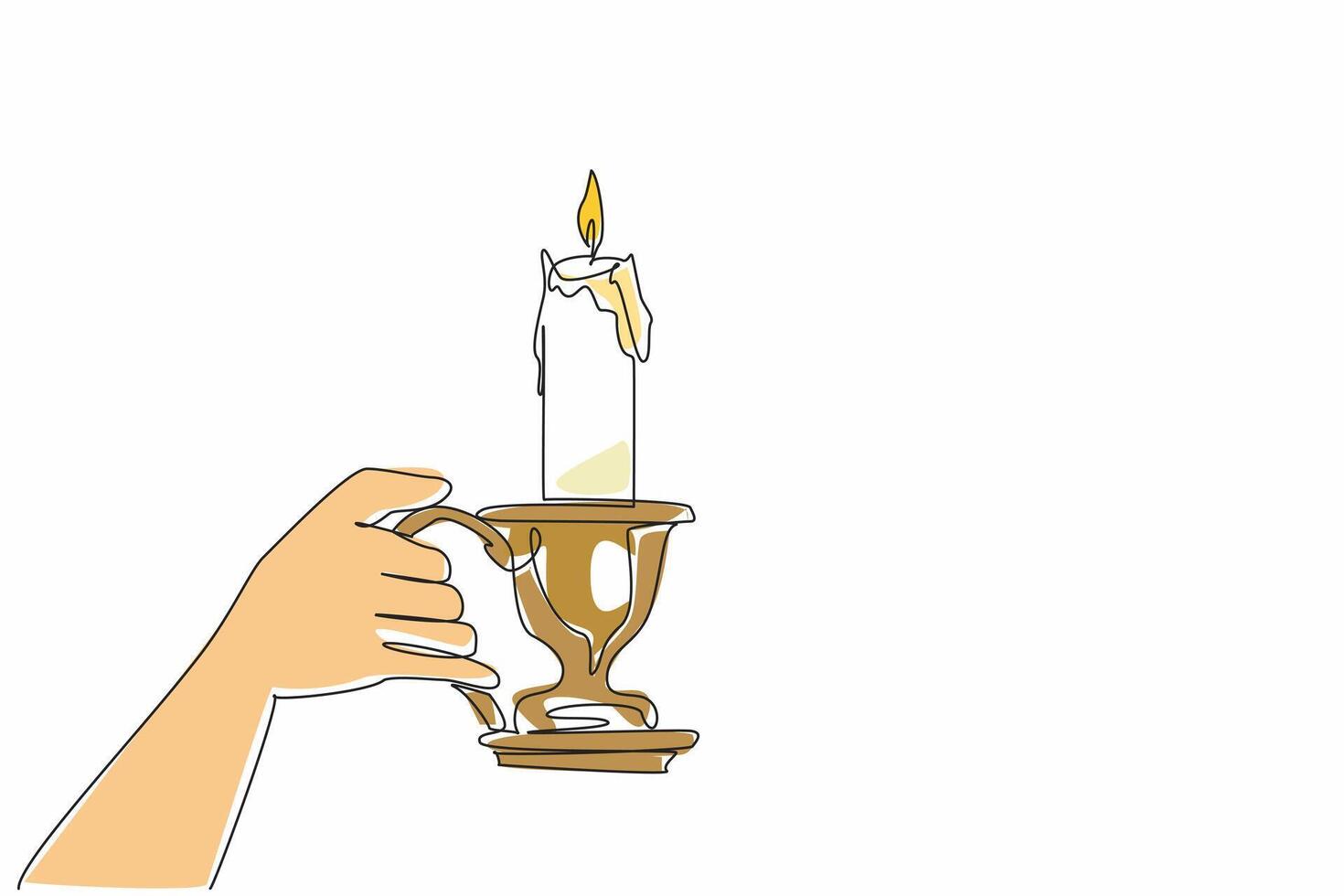Single one line drawing hand holding candlestick with a lit candle. Share light and warmth. The only source of light in the darkness. World Candle Day. Continuous line design graphic illustration vector