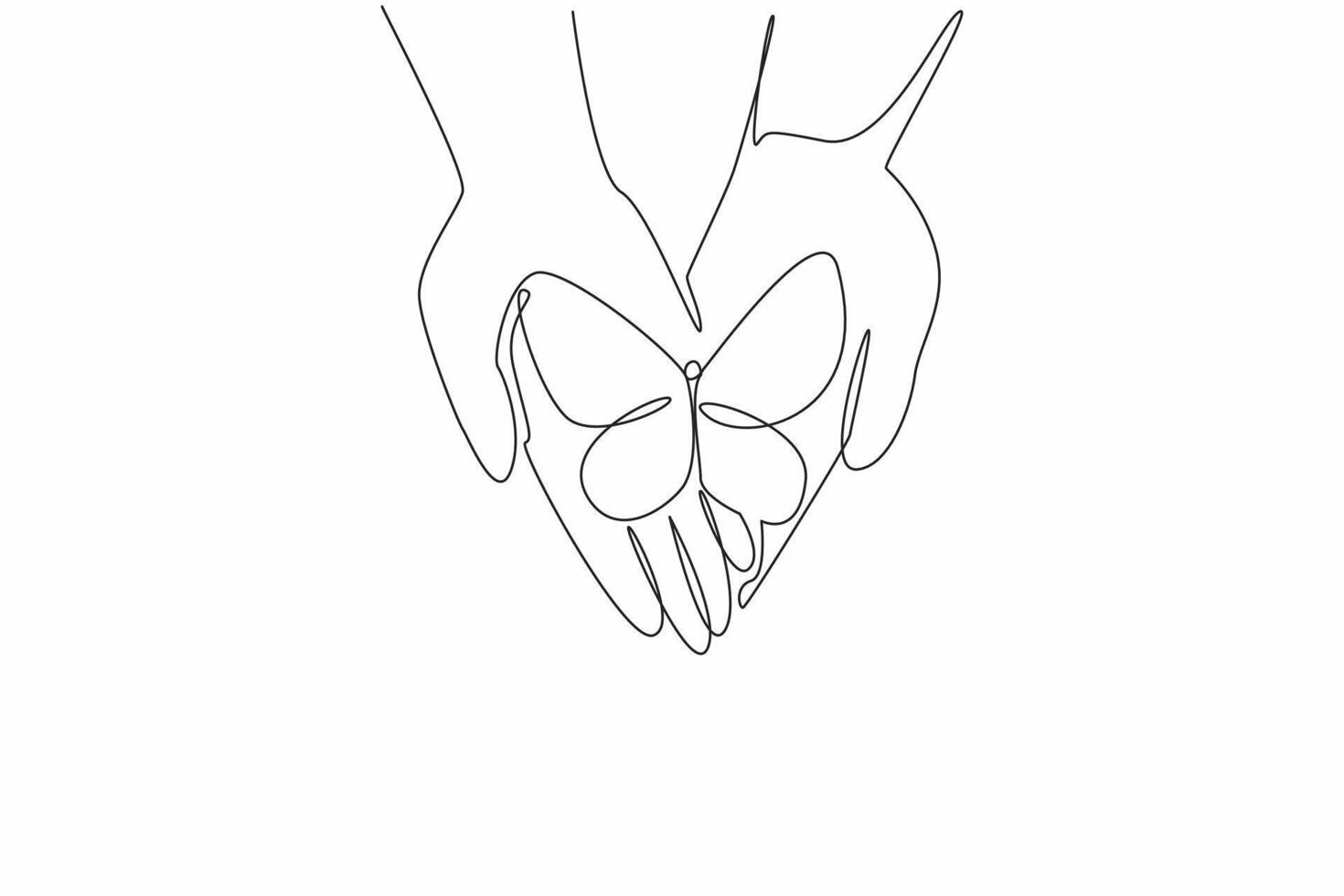 Single one line drawing butterflies perched on two open, stacked palms. Protect. Accept as without distinction. A peaceful world. Zero Discrimination Day. Continuous line design graphic illustration vector