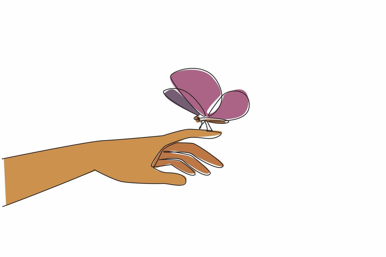 Continuous one line drawing butterfly perched on index finger. Hands of tenderness that can care for hope. Best future of humanity. Zero Discrimination Day. Single line draw design illustration vector