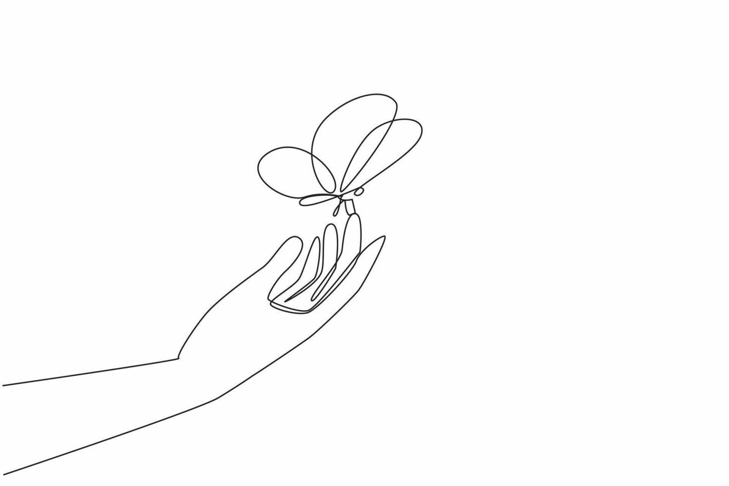 Single continuous line drawing a hand perched butterflies. The balance of human nature with animals. Balanced sustainability. Mutualism. Zero Discrimination Day. One line design illustration vector