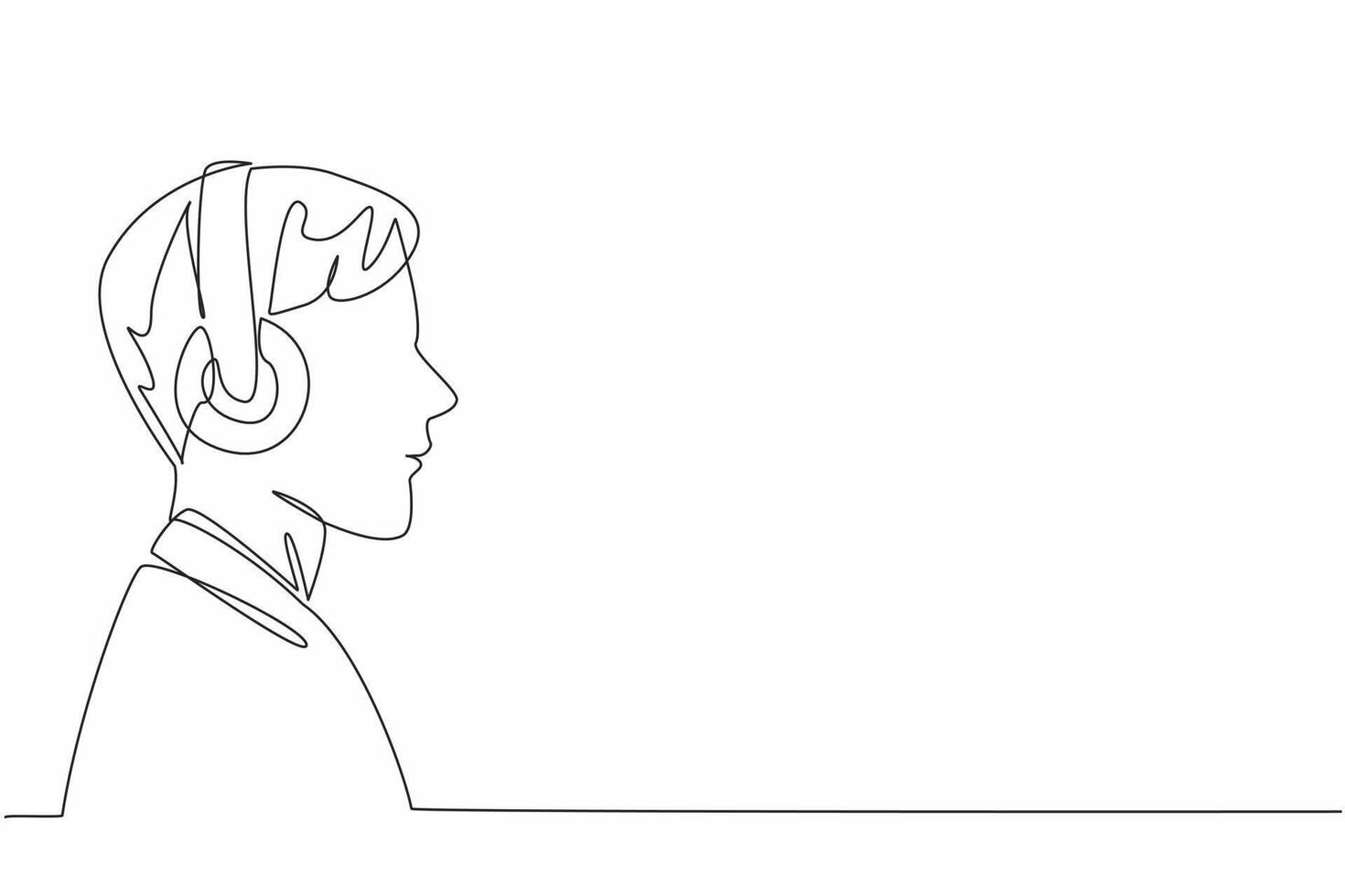 Continuous one line drawing man wearing headphones. Focus on listening. Focus on listening. Music unravels problems. Calming. World Music Therapy Day. Single line draw design illustration vector