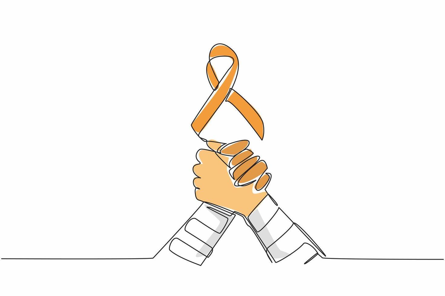 Single one line drawing two bandaged arms clasping each other. Orange ribbon above them. Together, we can make a difference. Self-Injury Awareness Day Continuous line design graphic illustration vector
