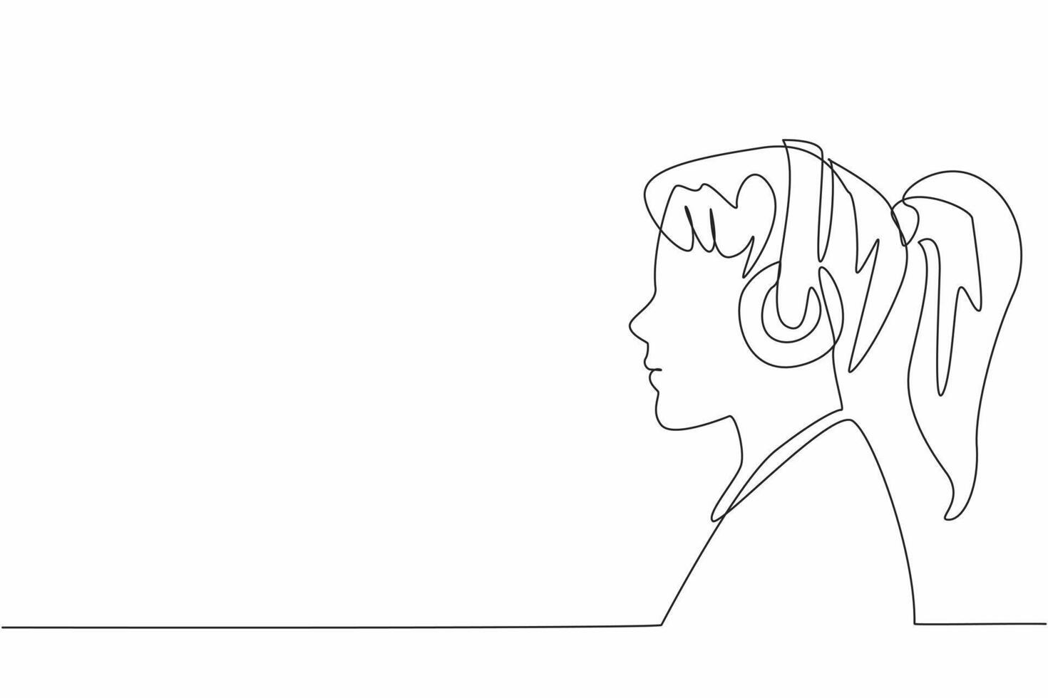 Continuous one line drawing woman wearing headphones. Seriously listening. Seriously will forget the heavy problem. Relax. Healing. World Music Therapy Day. Single line draw design illustration vector