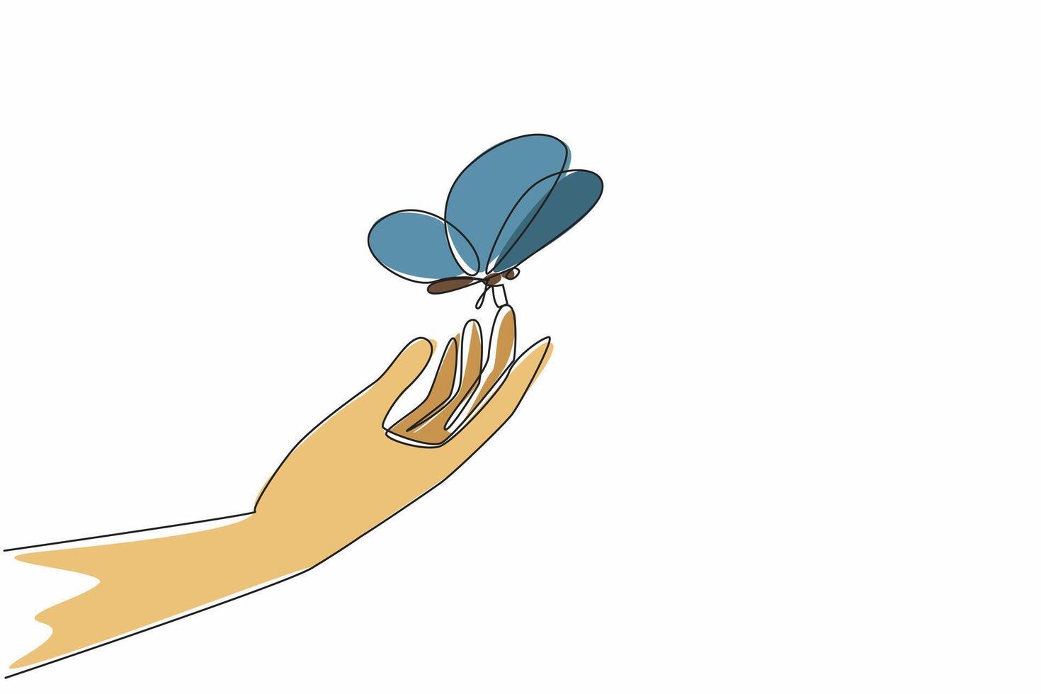 Single continuous line drawing a hand perched butterflies. The balance of human nature with animals. Balanced sustainability. Mutualism. Zero Discrimination Day. One line design illustration vector