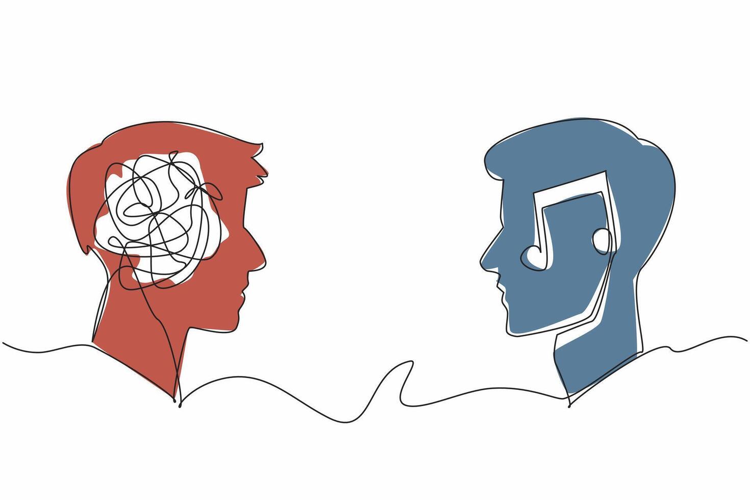 Single one line drawing two head silhouettes with crumpled circle fill and tones. Music can bridge divides. Clash of perspectives. World Music Therapy Day. Continuous line design graphic illustration vector