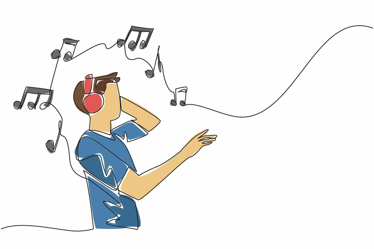 Single continuous line drawing man wearing headphones and holding it. A song of joy. A song that erases wounds. Forgetting the problem. World Music Therapy Day. One line design illustration vector