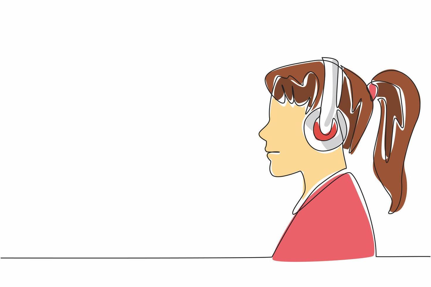 Continuous one line drawing woman wearing headphones. Seriously listening. Seriously will forget the heavy problem. Relax. Healing. World Music Therapy Day. Single line draw design illustration vector