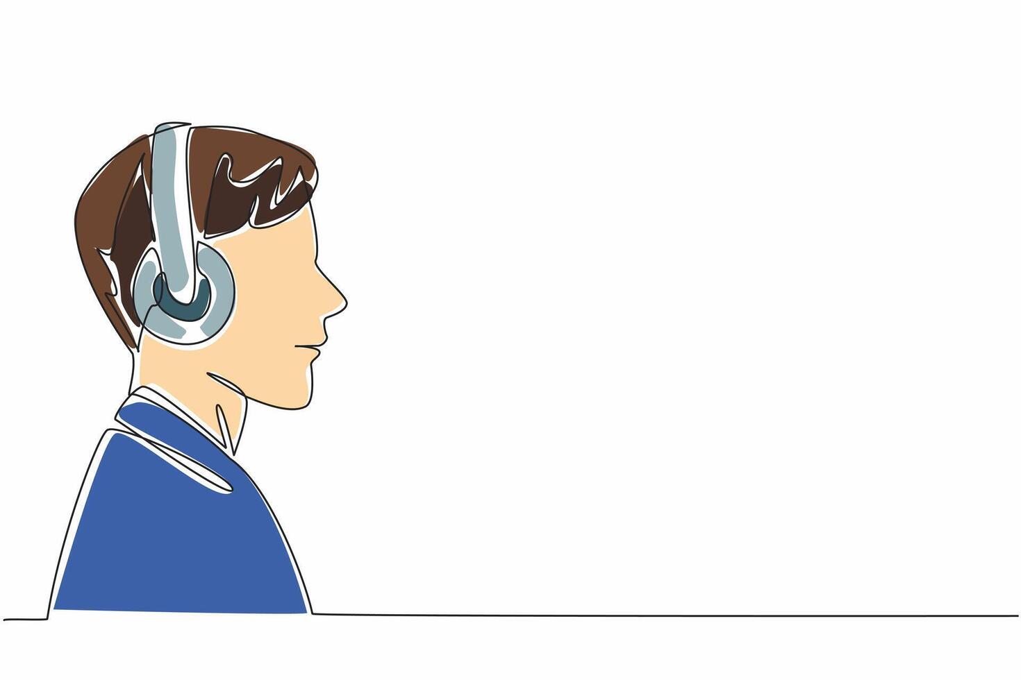 Continuous one line drawing man wearing headphones. Focus on listening. Focus on listening. Music unravels problems. Calming. World Music Therapy Day. Single line draw design illustration vector