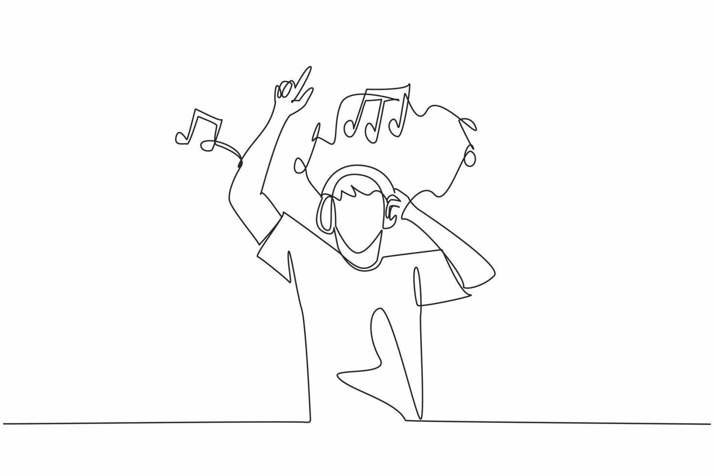 Single one line drawing man wearing headphones and holding it. Rejoice. Forget complicated problems. The best healing. Recovery. World Music Therapy Day. Continuous line design graphic illustration vector