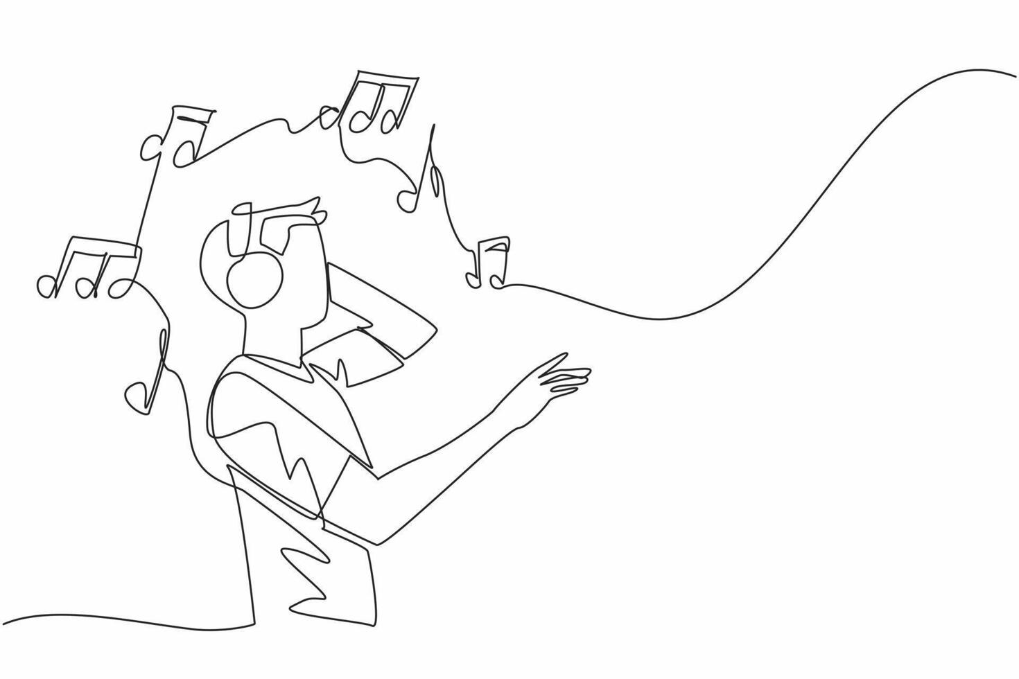 Single continuous line drawing man wearing headphones and holding it. A song of joy. A song that erases wounds. Forgetting the problem. World Music Therapy Day. One line design illustration vector