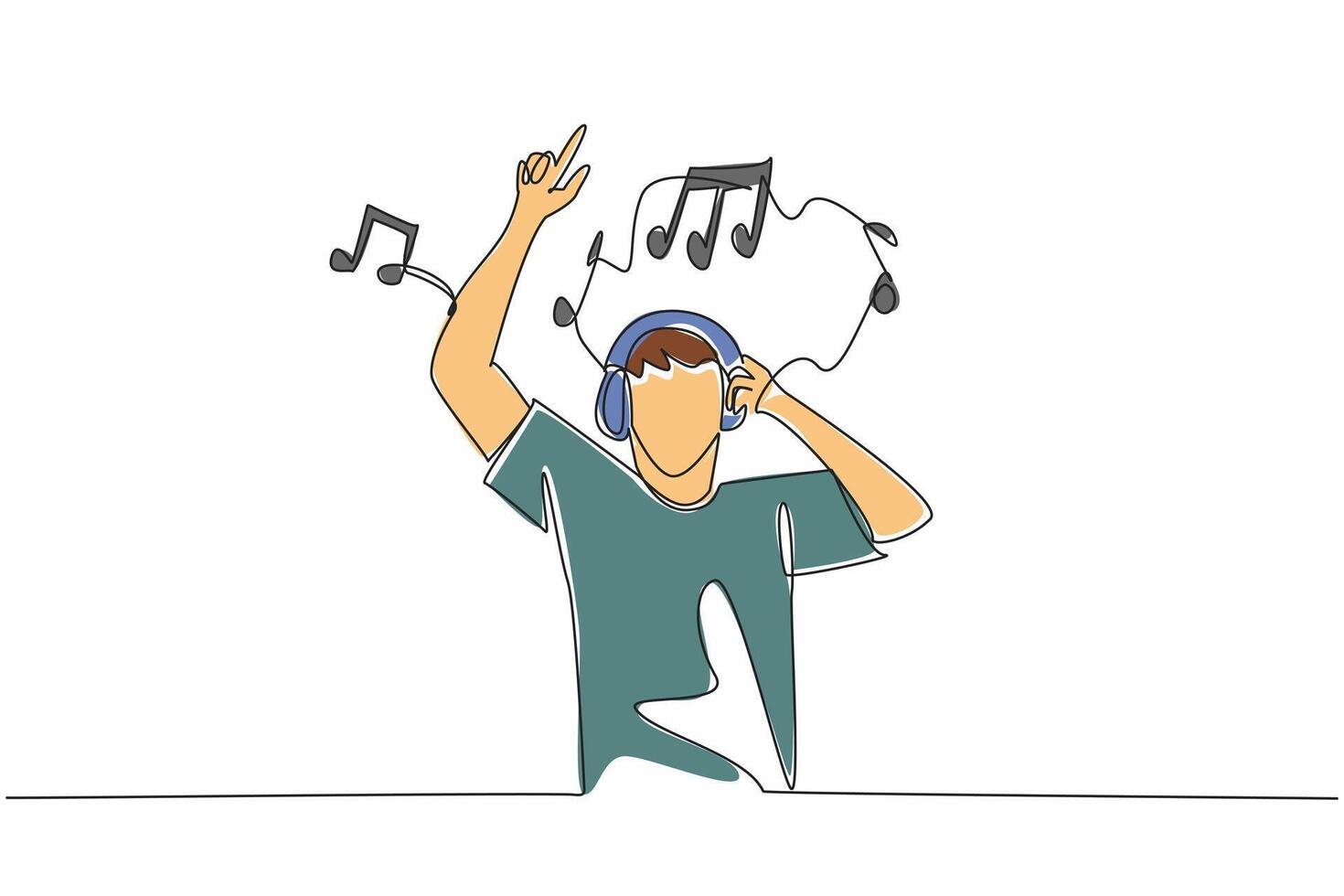 Single one line drawing man wearing headphones and holding it. Rejoice. Forget complicated problems. The best healing. Recovery. World Music Therapy Day. Continuous line design graphic illustration vector