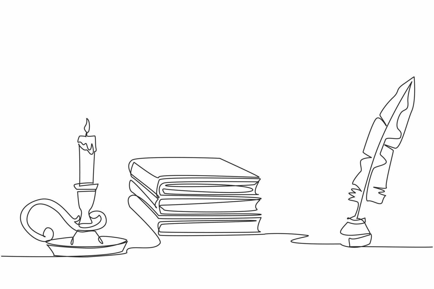 Single one line drawing a stack of books and an inkwell and quill. Knowledge and learning. Write down brilliant ideas. Enlightenment. World Candle Day. Continuous line design graphic illustration vector