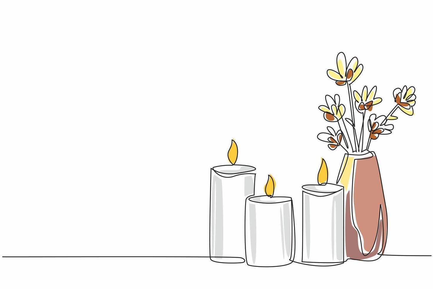 Single continuous line drawing three lit candles and a vase filled with flowers. A moment of relaxation and contemplation. Peace. Reflection. World Candle Day. One line design illustration vector