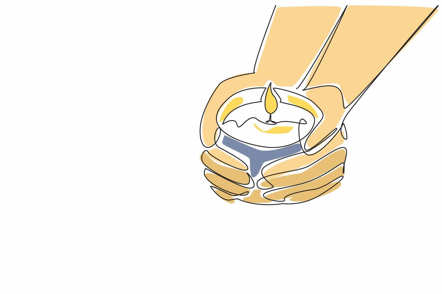 Continuous one line drawing two hands holding a lit candles. Light and guidance. Provide care, protection, and support for loved ones. World Candle Day. Single line draw design illustration vector