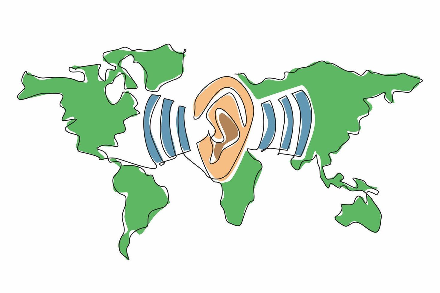 Single continuous line drawing ears amidst the sound waves of the world map background. Global communication. Connecting all people in the world. World Hearing Day. One line design illustration vector