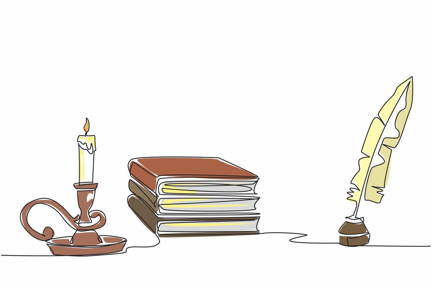 Single one line drawing a stack of books and an inkwell and quill. Knowledge and learning. Write down brilliant ideas. Enlightenment. World Candle Day. Continuous line design graphic illustration vector