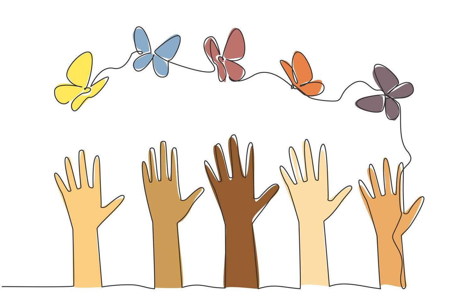 Single one line drawing five hands raised up with some butterflies flying above them. Embrace our differences. A symphony of unity. Zero Discrimination Day. Continuous line design graphic illustration vector