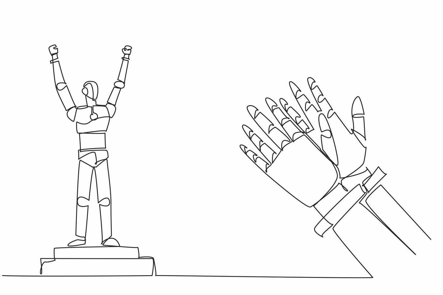 Single one line drawing robot standing on the podium of champions. Future where machines surpass human capabilities. Technology. Employee Appreciation Day. Continuous line design graphic illustration vector