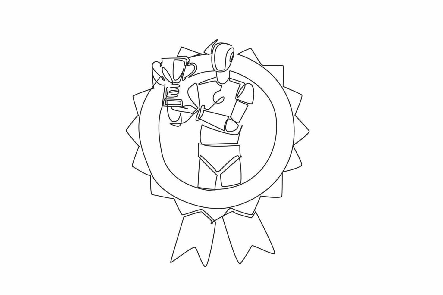 Single continuous line drawing robot raise the trophy. The dawn of a new era of technological advancement. Artificial intelligence tech. Employee Appreciation Day. One line design illustration vector