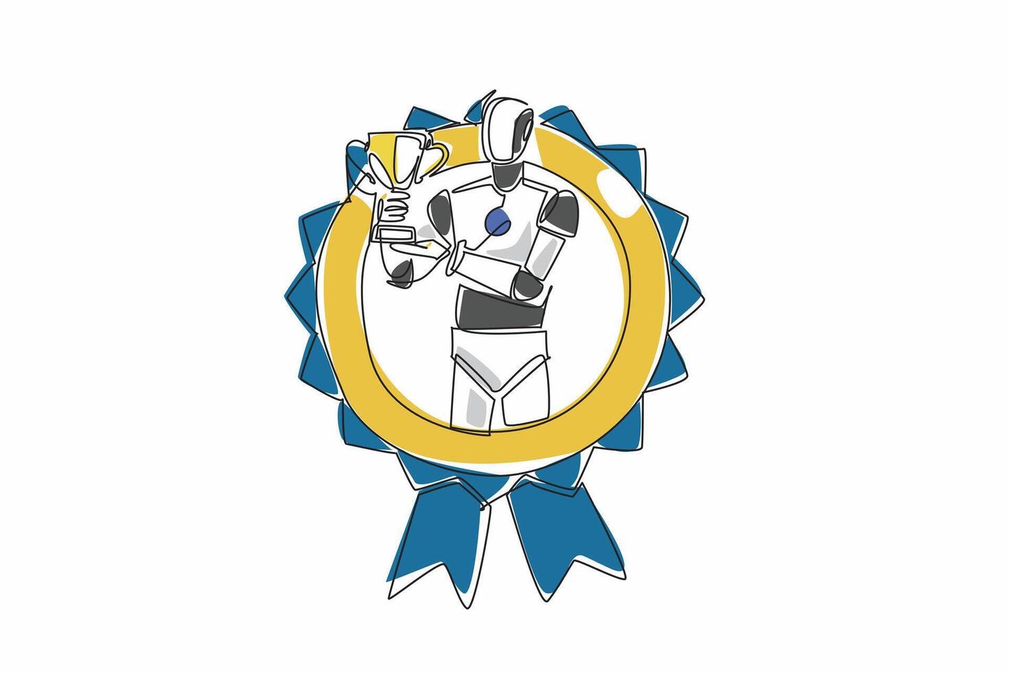 Single continuous line drawing robot raise the trophy. The dawn of a new era of technological advancement. Artificial intelligence tech. Employee Appreciation Day. One line design illustration vector