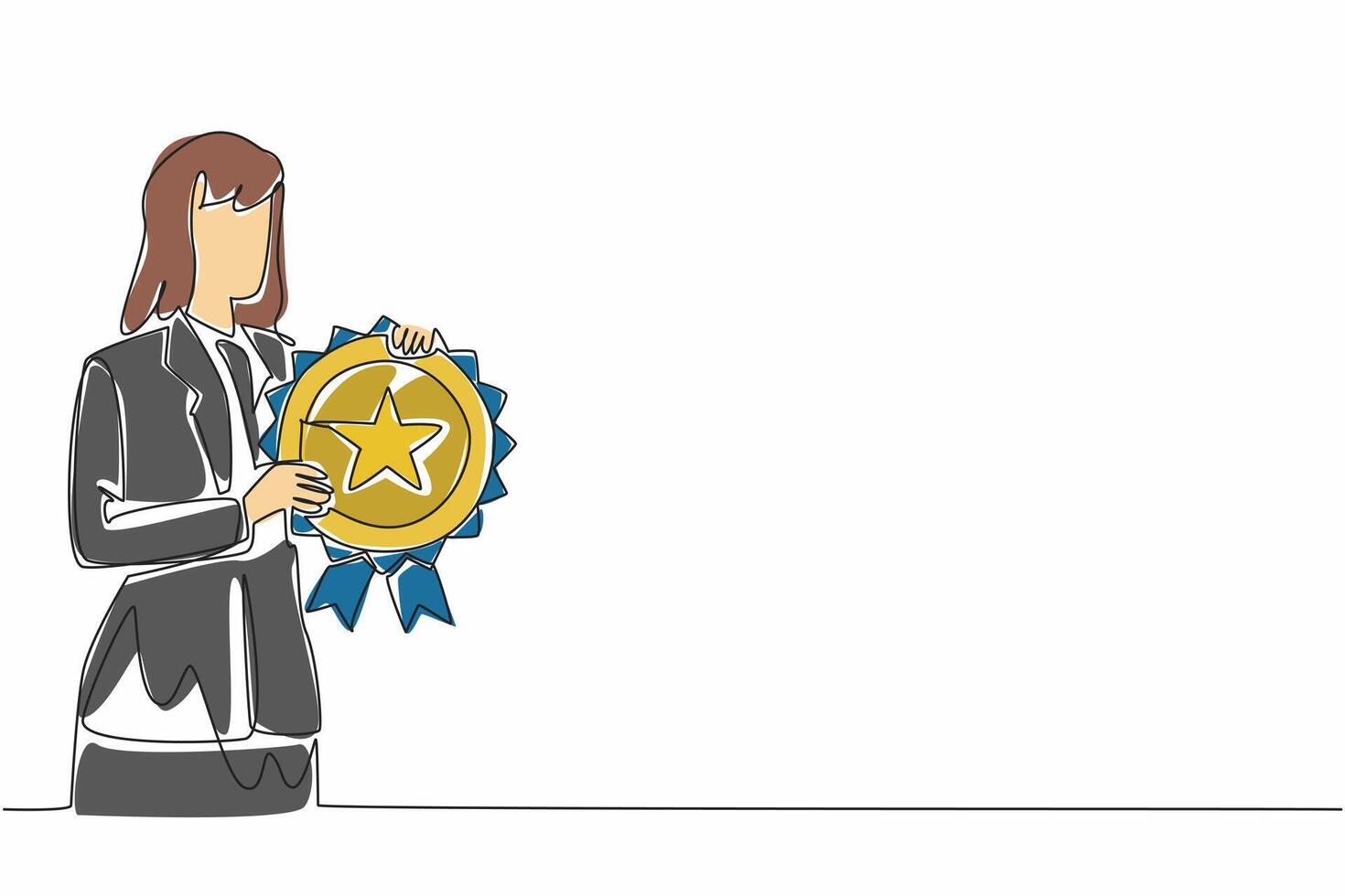 Single one line drawing woman in blazer hold medal emblem. The potential of women in leadership roles. Achievement. Empowerment. Employee Appreciation Day. Continuous line design graphic illustration vector