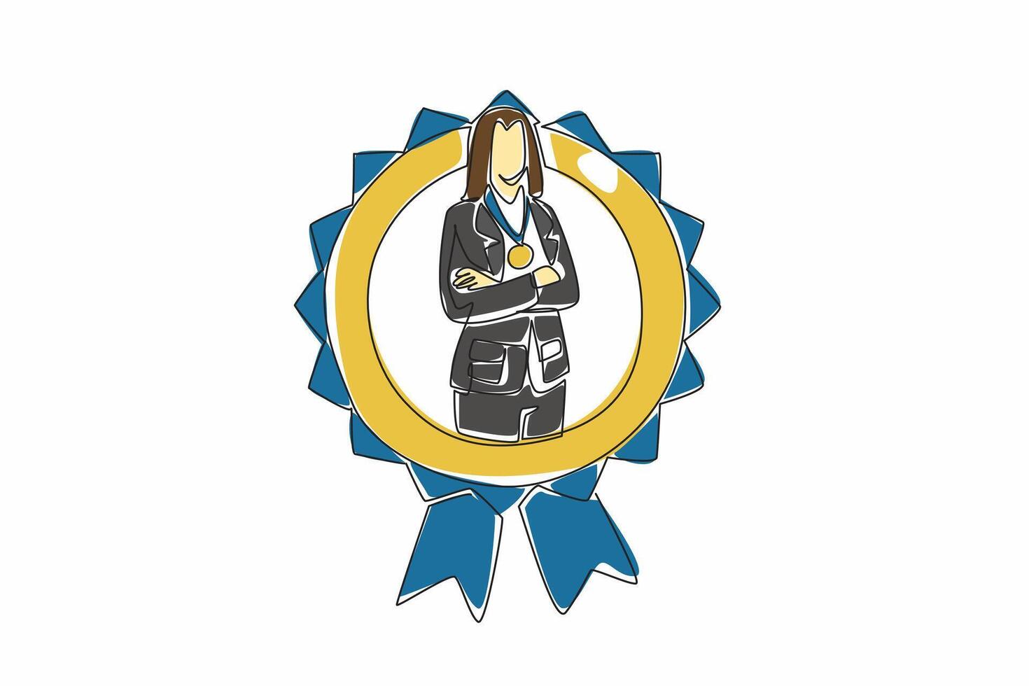 Single continuous line drawing woman in blazer crosses arm on chest while medal around neck. The representation of women's capabilities. Employee Appreciation Day. One line design illustration vector